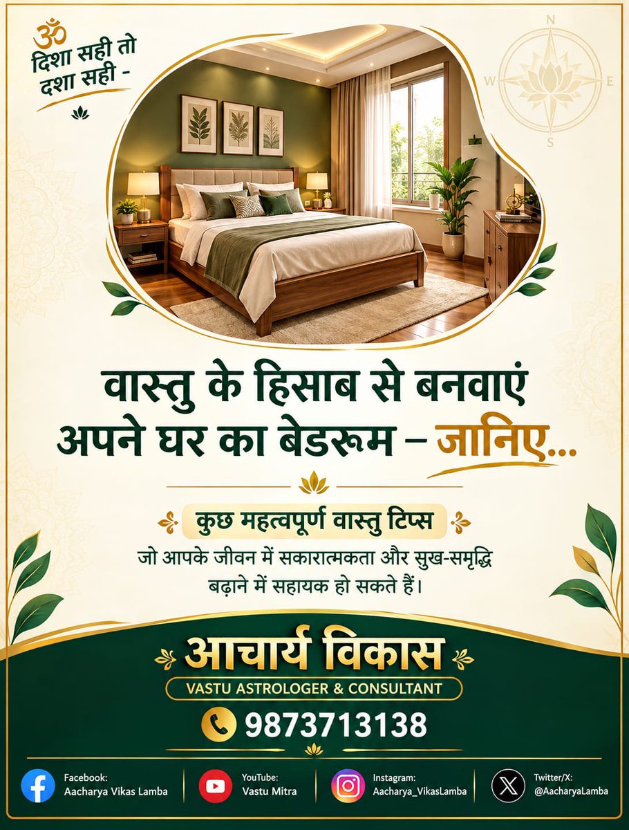 AacharyaLamba's tweet photo. वास्तु के अनुसार बेडरूम की सही दिशा और व्यवस्था आपके घर में सकारात्मक ऊर्जा, सुख-समृद्धि और बेहतर वातावरण बनाने में सहायक हो सकती है।

वास्तु परामर्श के लिए संपर्क करें।
📞 9873713138

#VastuShastra #VastuConsultant #AacharyaVikasLamba #BedroomVastu #PositiveEnergy https://t.co/Reug5WzSTJ
