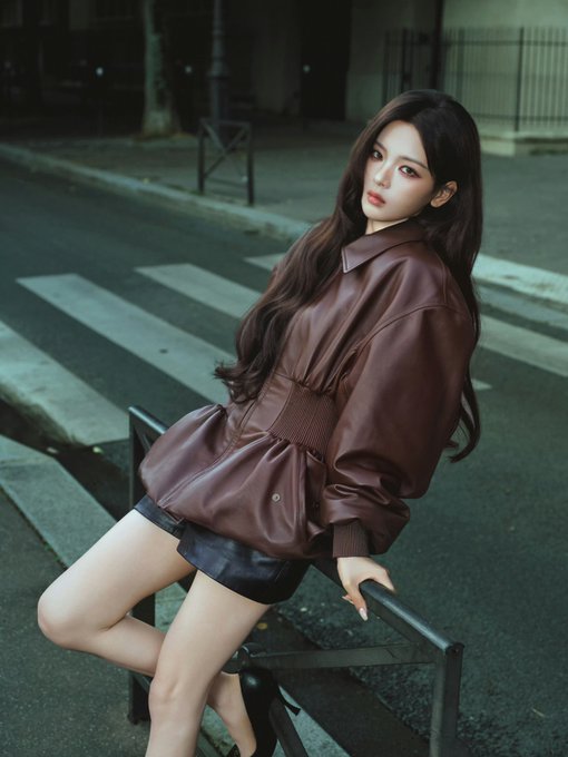 A young woman with long dark hair posing on a street crosswalk, wearing a brown leather jacket and black shorts.