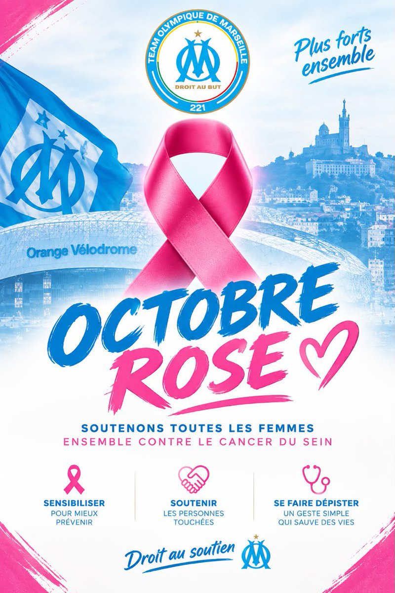 TeamOM221's tweet photo. 🎀 Octobre Rose | Tous mobilisés contre le cancer du sein

En ce mois d’Octobre Rose, le Team Olympique de Marseille 221 se mobilise pour sensibiliser, soutenir les personnes touchées et encourager le dépistage.

💗 Un geste simple peut sauver des vies.
#OctobreRose
#depistage https://t.co/j57Bj5vh5j