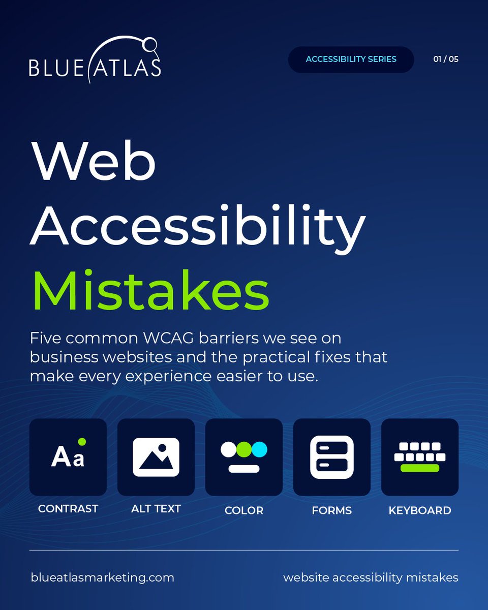 BlueAtlasTweet's tweet photo. Here are the 5 common WCAG mistakes we routinely find on business websites, plus the code-level fixes to resolve them.
#WebAccessibility #WCAG #DigitalInclusion #UIUX #InclusiveDesign #ColorContrast #AltText #ScreenReaders #KeyboardNavigation https://t.co/xcAXuhDojX