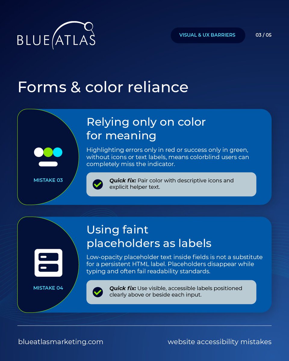 BlueAtlasTweet's tweet photo. Here are the 5 common WCAG mistakes we routinely find on business websites, plus the code-level fixes to resolve them.
#WebAccessibility #WCAG #DigitalInclusion #UIUX #InclusiveDesign #ColorContrast #AltText #ScreenReaders #KeyboardNavigation https://t.co/xcAXuhDojX