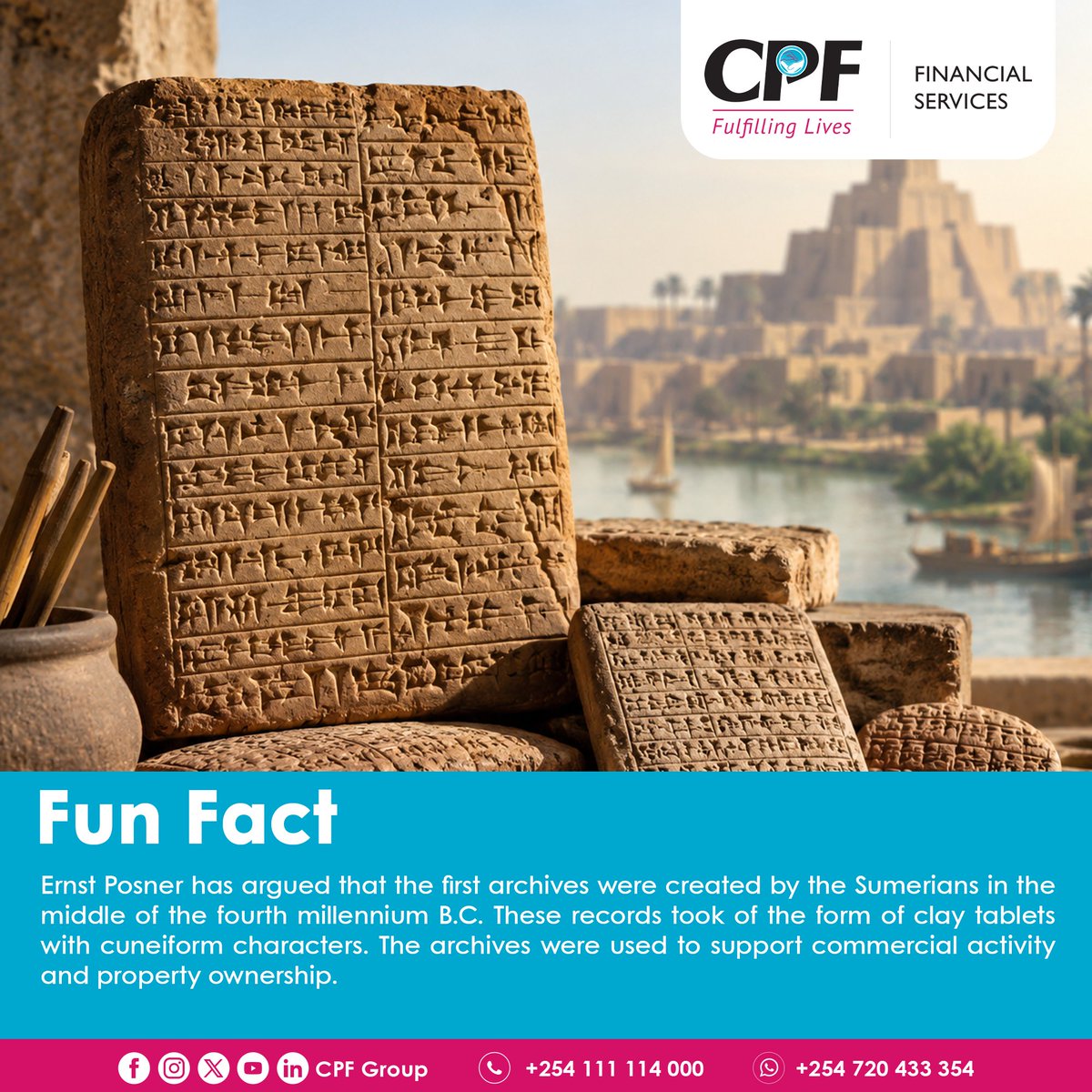 cpf_kenya's tweet photo. Fun Fact: Did you know the first archives are believed to date back to the Sumerians in the mid-4th millennium B.C.? Records were preserved on clay tablets using cuneiform script, supporting trade, property ownership and administration.

#TBT #Archives #RecordsManagement https://t.co/ST8jKrZAhG