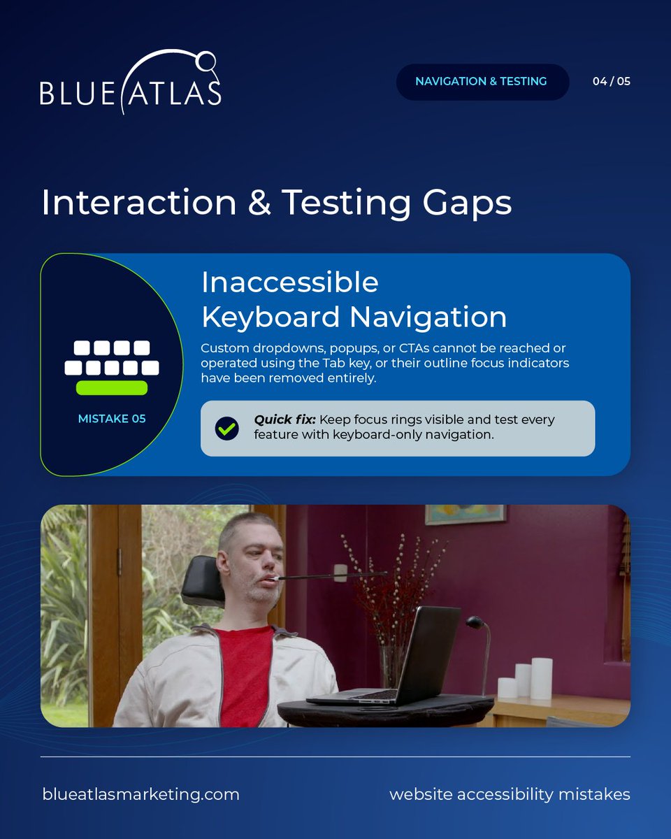 BlueAtlasTweet's tweet photo. Here are the 5 common WCAG mistakes we routinely find on business websites, plus the code-level fixes to resolve them.
#WebAccessibility #WCAG #DigitalInclusion #UIUX #InclusiveDesign #ColorContrast #AltText #ScreenReaders #KeyboardNavigation https://t.co/xcAXuhDojX