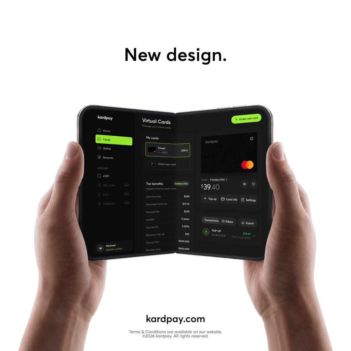 kardpay's tweet photo. A new look.
A better experience.

The app just got a new design.

Same cards.
Same privacy. https://t.co/1mLlQhXc1M