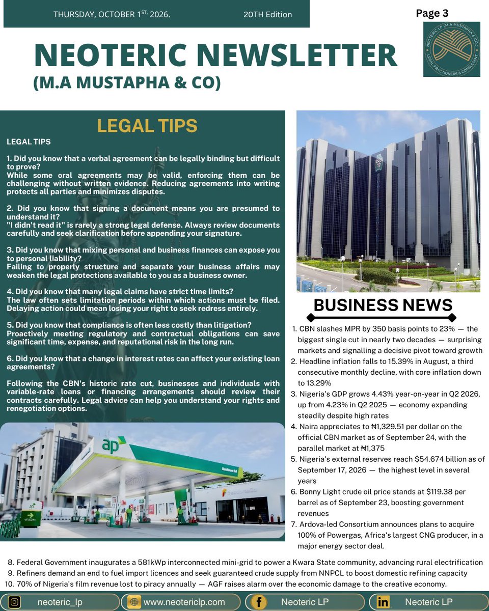 Neoteric_LP's tweet photo. The 20th Edition of the Neoteric Newsletter.

In this edition, we share insights from our practice, practical legal tips, key economic and business developments, and a selection of stories making headlines in Nigeria and beyond.

Stay informed. Stay ahead.

#LegalInsights https://t.co/nPvSmLzz3M