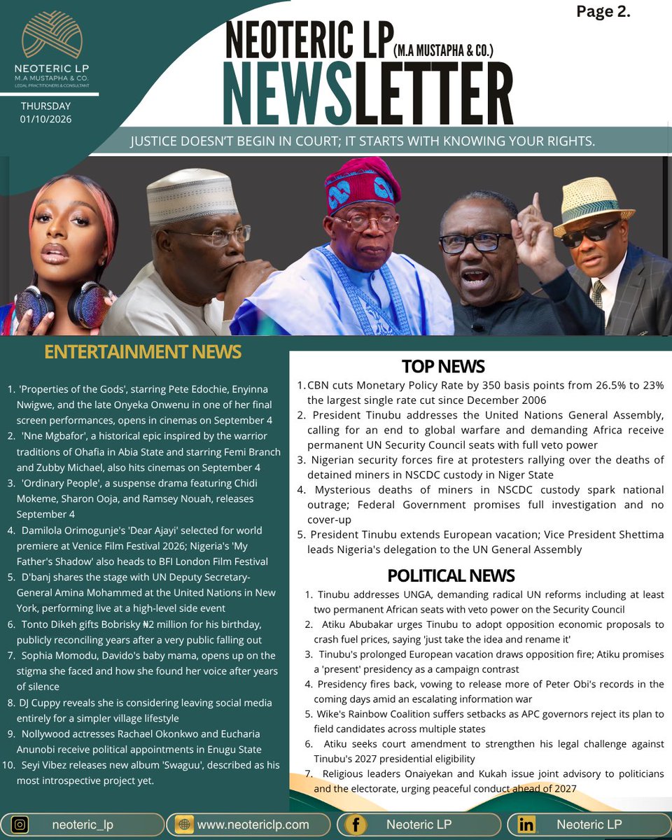 Neoteric_LP's tweet photo. The 20th Edition of the Neoteric Newsletter.

In this edition, we share insights from our practice, practical legal tips, key economic and business developments, and a selection of stories making headlines in Nigeria and beyond.

Stay informed. Stay ahead.

#LegalInsights https://t.co/nPvSmLzz3M