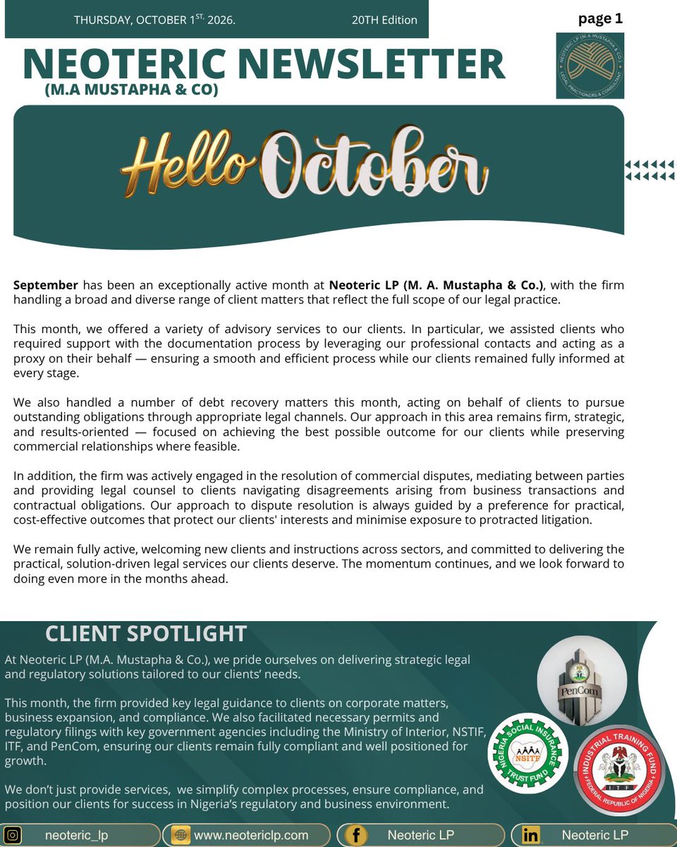 Neoteric_LP's tweet photo. The 20th Edition of the Neoteric Newsletter.

In this edition, we share insights from our practice, practical legal tips, key economic and business developments, and a selection of stories making headlines in Nigeria and beyond.

Stay informed. Stay ahead.

#LegalInsights https://t.co/nPvSmLzz3M