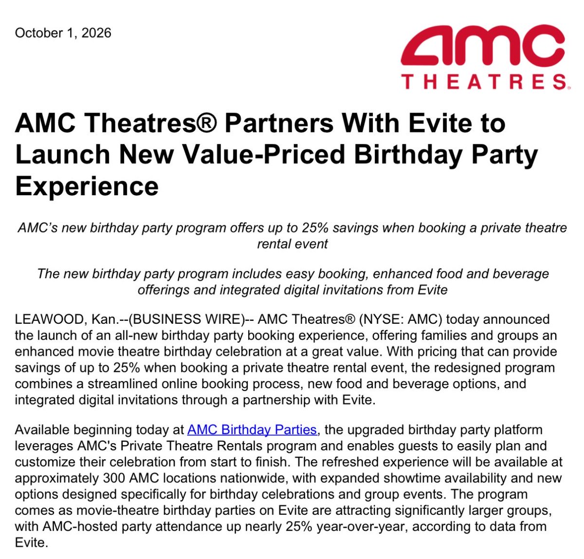 Ryan__Rigg's tweet photo. $AMC AMC Theatres® Partners With Evite to Launch New Value-Priced Birthday Party Experience

AMC’s new birthday party program offers up to 25% savings when booking a private theatre rental event

The new birthday party program includes easy booking, enhanced food and beverage offerings and integrated digital invitations from Evite https://t.co/rPI5i2TTab