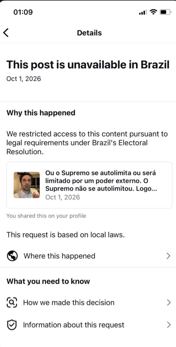 Pri_usabr1's tweet photo. Joel Pinheiro, comentarista da GloboNews, teve um post derrubado pela Meta no Brasil. A alegação foi violação eleitoral.

O texto criticava Flávio Dino e o STF e listava as ações políticas do ministro.

Quando o alvo era Bolsonaro e bolsonarista, o mesmo tipo de remoção virava aplauso. Agora a água bateu no c*…. 
O vídeo censurado👇🏻