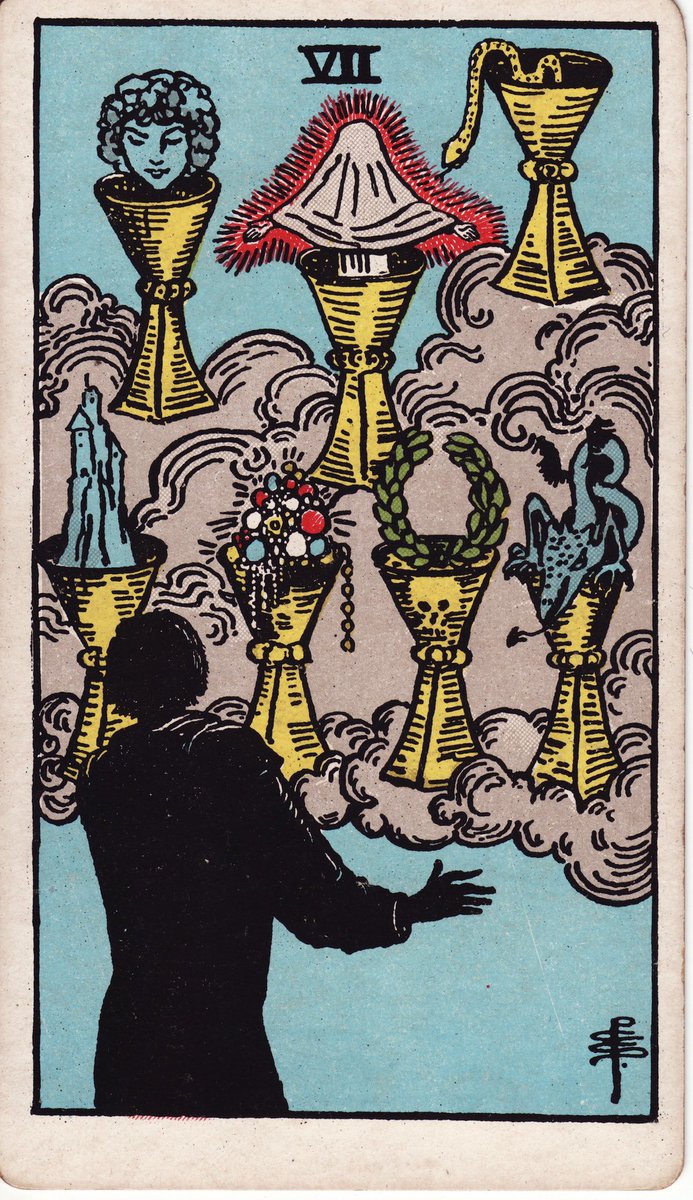tarotwithsekai's tweet photo. 7 of cups = Venus in Scorpio ♏️ ธีมความรักแบบพิจิกเริ่มมีกลิ่นลอยมาแล้วจากข่าวเลิกราคนดัง ดราม่าในครอบครัว เวิ่นหาคนเก่าใดๆ มาดูความหมายแบบไพ่ทาโร่ต์บ้าง ในภาพเป็นรูปเงาคนดำๆ กับความมโน/โลภในโลกวัตถุนิยม อำนาจ การครอบครอง เวทมนตร์ ปริศนาที่ซ่อนอยู่ เล่ห์เหลี่ยม ความแข็งแกร่งภายใน https://t.co/6jE067t0H9