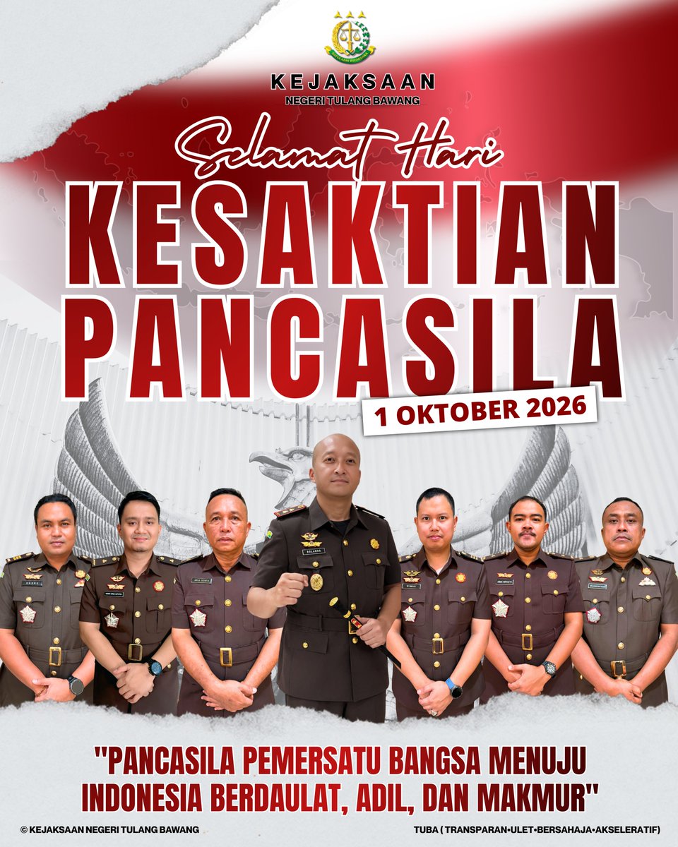 kejarituba's tweet photo. Kepala Kejaksaan Negeri Tulang Bawang R. Ritonga, S.H.,M.H beserta seluruh jajaran mengucapkan Selamat Memperingati Hari Kesaktian Pancasila.- 1 Oktober 2026 https://t.co/sq72SHmplC