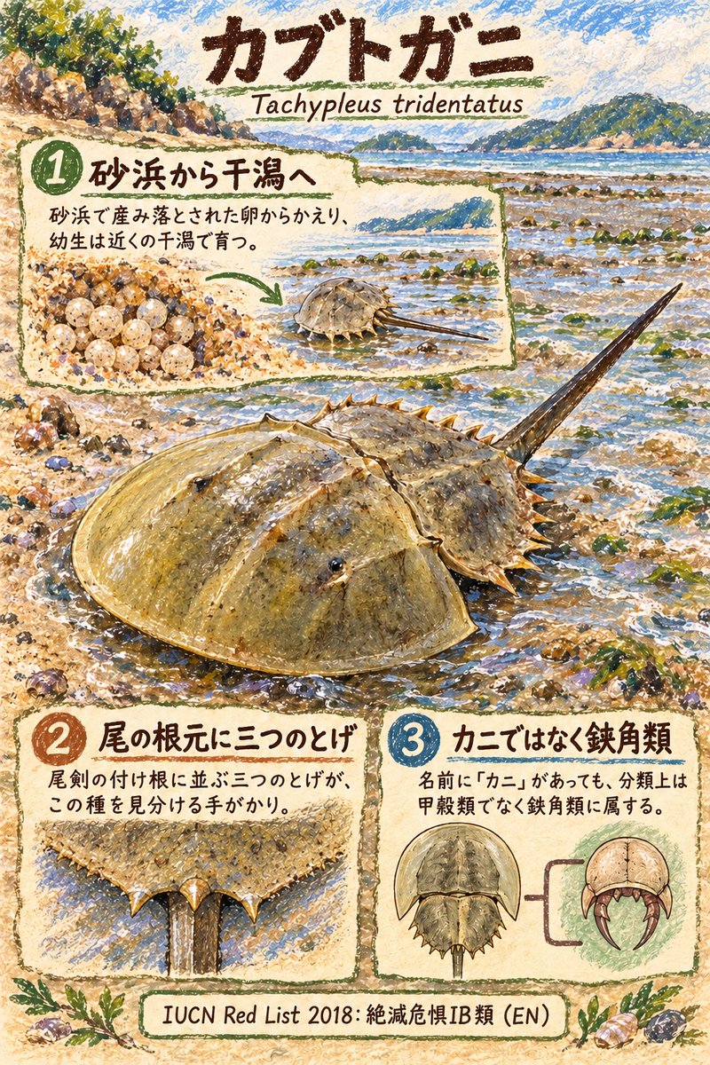 Ryukkeai's tweet photo. 卵を産む砂浜。そのすぐそばの干潟が、幼い時期の育つ場所になる。
カブトガニ
Tachypleus tridentatus

IUCN Red List 2018: 絶滅危惧IB類 (EN)

#世界の知らない生き物 #TrispineHorseshoeCrab https://t.co/uXRbypw2vs