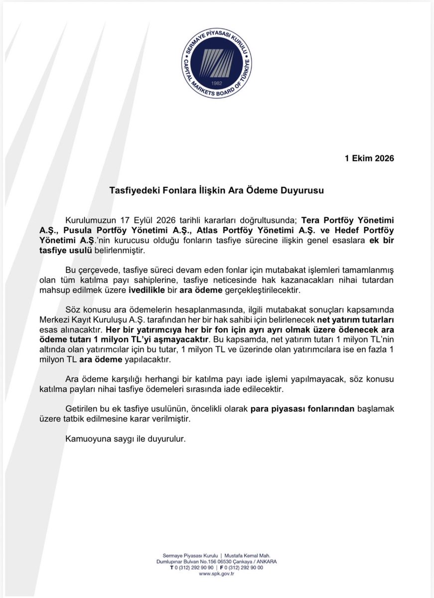 spkgovtr's tweet photo. 📢 Tasfiyedeki Fonlara İlişkin Ara Ödeme Duyurusu

Detaylar👇

https://t.co/PsJVnNBifN https://t.co/I9M7BXV4qd