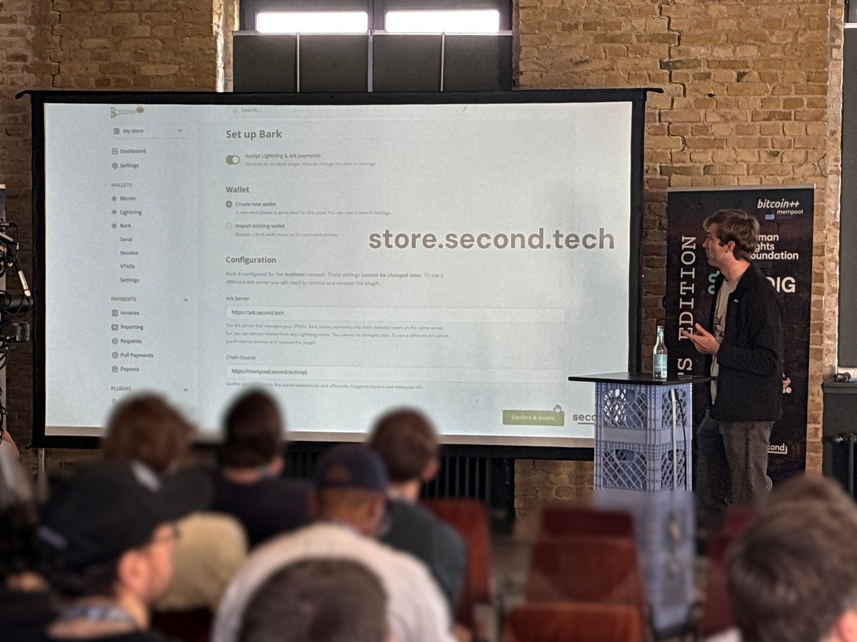 matthewvuk2's tweet photo. . @stevenroose3 gives a Lightning history walkthrough, from opening channels, the outdated LSP model, and how it all leads up to Ark. 

He walks through the Bark @BtcpayServer plugin, and everything possible with the Bark SDK. 

Send to on-chain addresses from off-chain balances https://t.co/GbQK5h36N7
