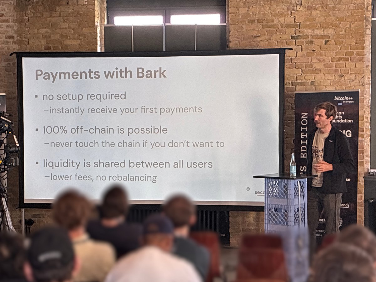 matthewvuk2's tweet photo. . @stevenroose3 gives a Lightning history walkthrough, from opening channels, the outdated LSP model, and how it all leads up to Ark. 

He walks through the Bark @BtcpayServer plugin, and everything possible with the Bark SDK. 

Send to on-chain addresses from off-chain balances https://t.co/GbQK5h36N7
