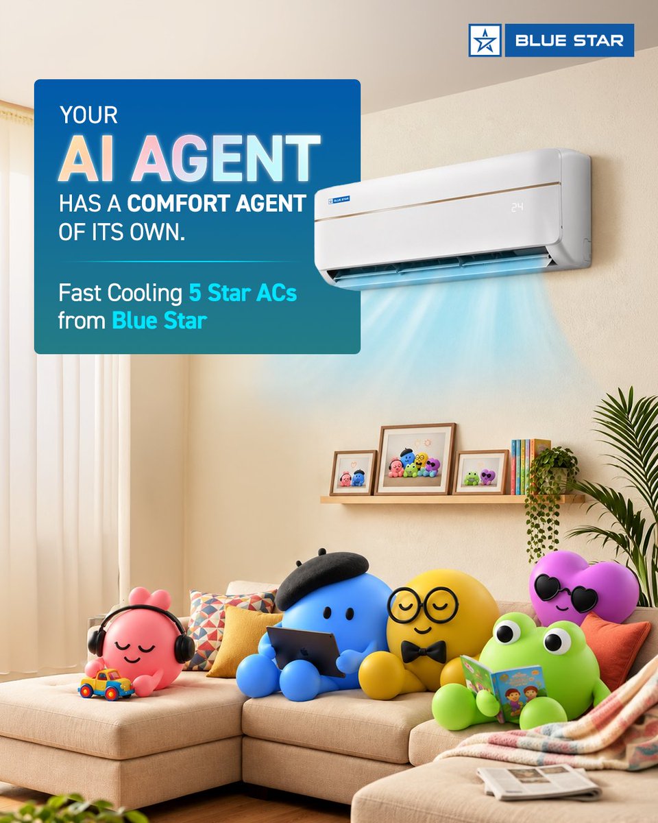 BlueStarLtd's tweet photo. Because when your AI agent needs to keep things running, your comfort agent keeps things cool.
Fast Cooling 5 Star ACs from Blue Star
#Dots #BlueStar #AIAgent #ComfortAgent https://t.co/pHrpiJp91k