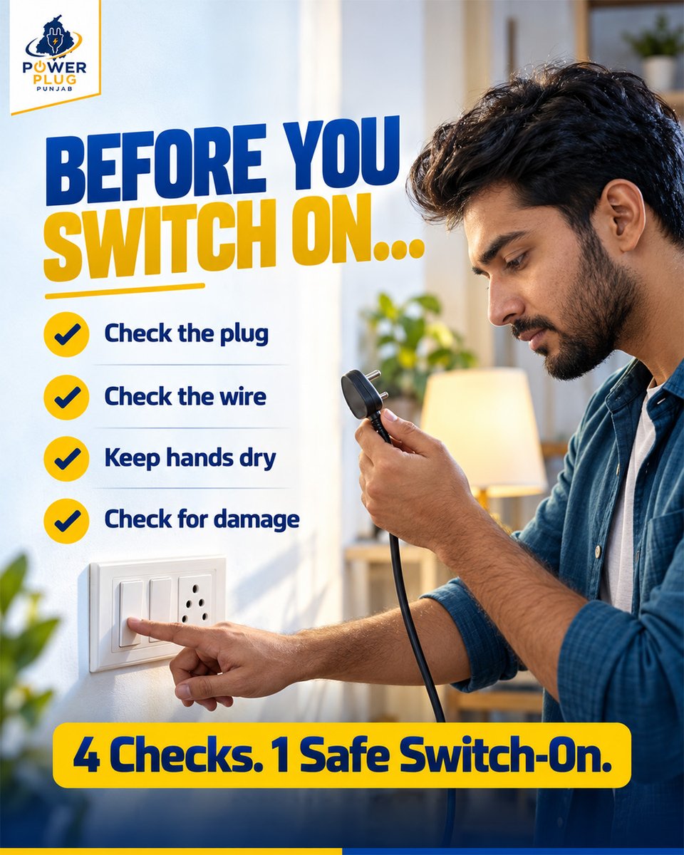 PowerPlugPunjab's tweet photo. A few seconds of checking can make electrical use safer. Make safety a habit before switching on any appliance. ⚡
#PSPCL #ElectricalSafety #SafetyFirst #PowerPlugPunjab https://t.co/7gbTfagBDB