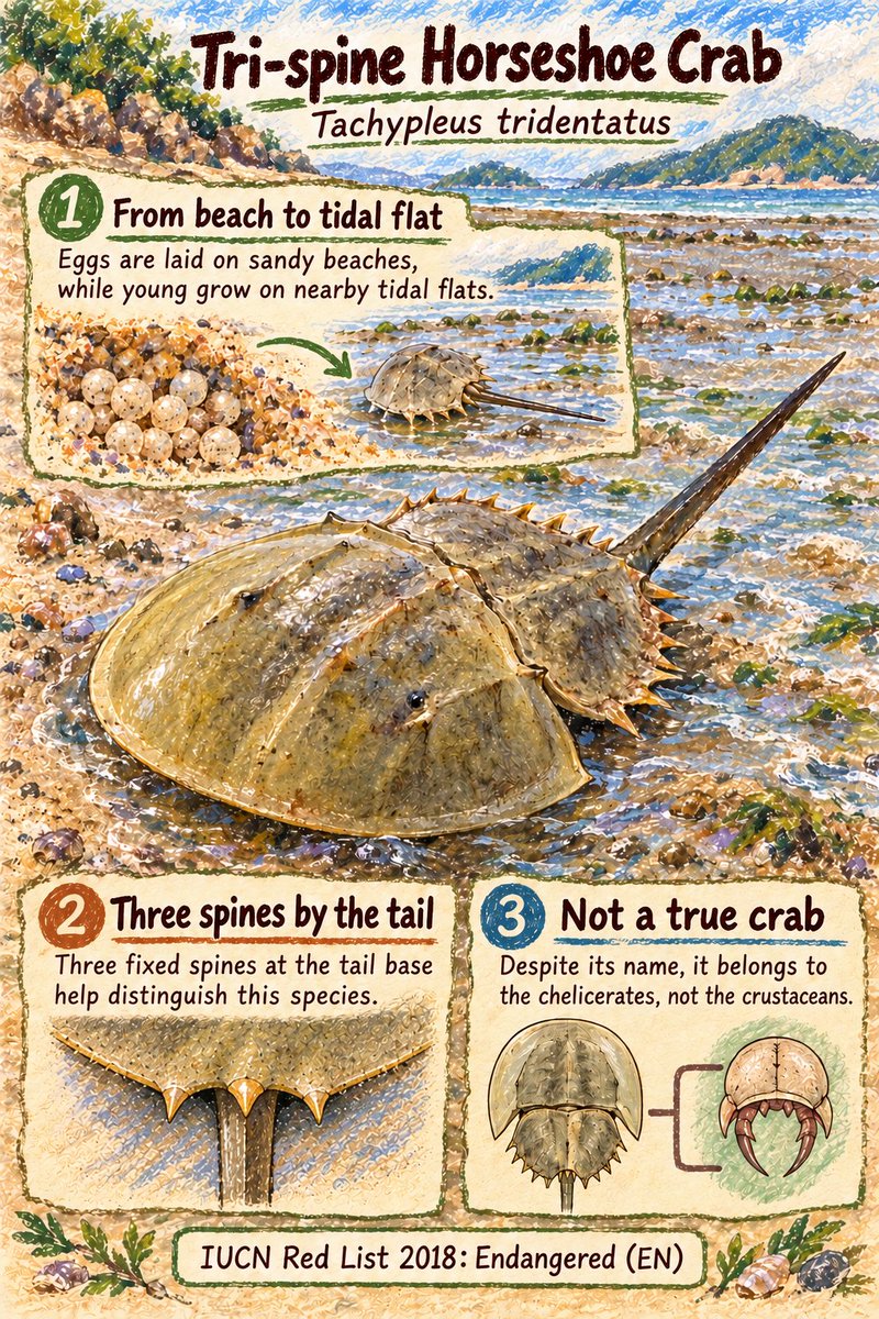 Ryukkeai's tweet photo. Eggs on a sandy beach; young growing on the tidal flat beside it.
Tri-spine Horseshoe Crab
Tachypleus tridentatus

IUCN Red List 2018: Endangered (EN)

#TrispineHorseshoeCrab https://t.co/Px2cFPahVd