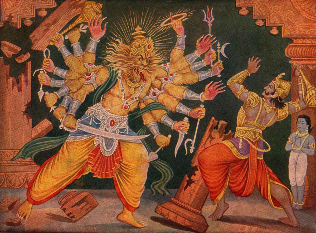 Yaduvam's tweet photo. Narasimha emerging from a pillar to vanquish Hiranyakashipu. https://t.co/JGpbFUlGk9