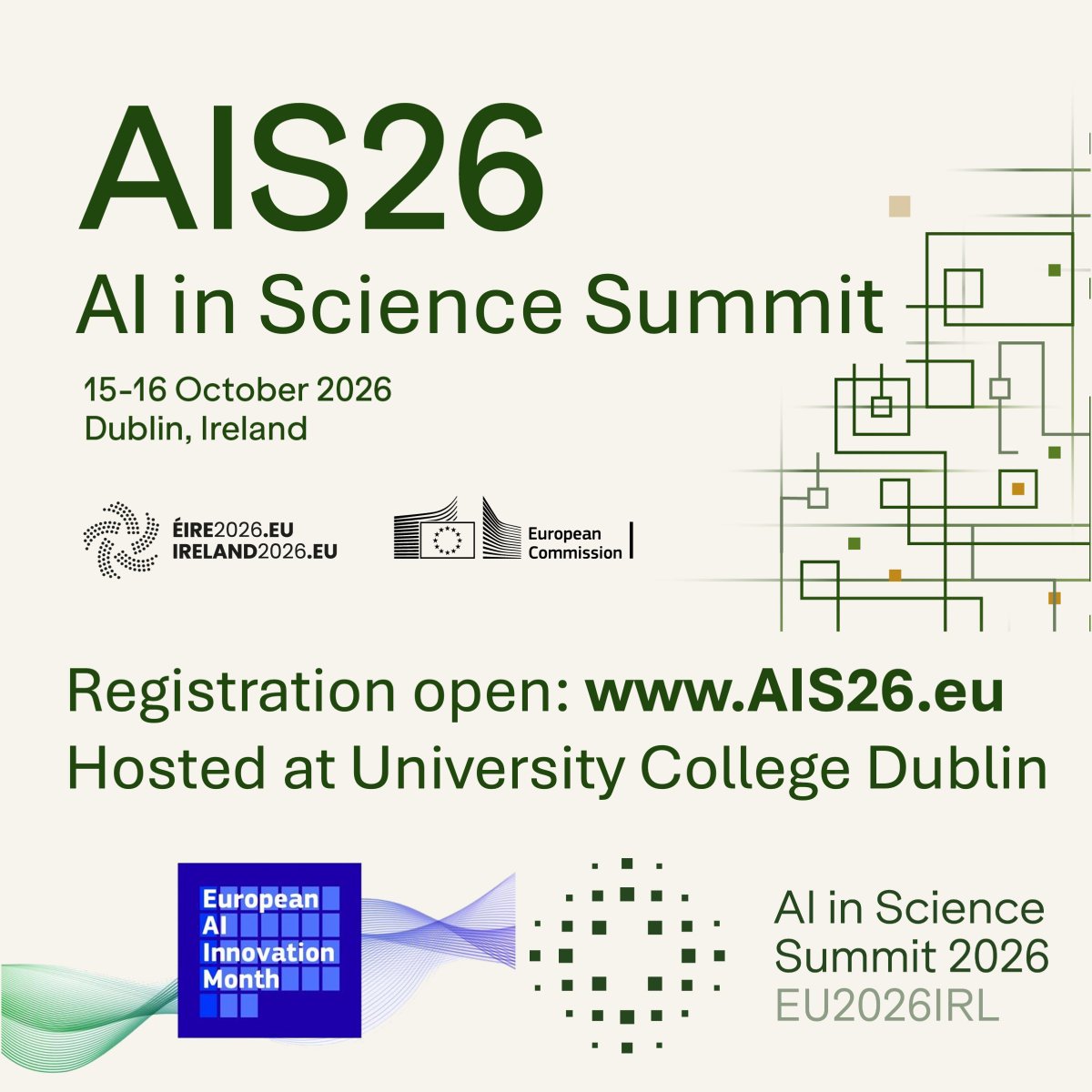 EUScienceInnov's tweet photo. What can science achieve with AI? 

At the AI in Science Summit 2026, we’ll put Europe’s discovery engine to work across physics, health, data, policy &amp; more. Different areas, one goal: a new level of ambition in research &amp; innovation! Dublin, 15–16 Oct 👉 https://t.co/QH2A2FedE6 https://t.co/FL3NiD4cFS