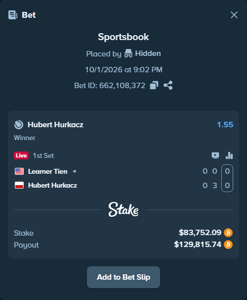 stakehighroller's tweet photo. Heavy money tonight — $83,779 on Hubert Hurkacz to win.

@HubertHurkacz #ATP Same bet here https://t.co/6NsVlLjNZG https://t.co/sCk11SHSRT