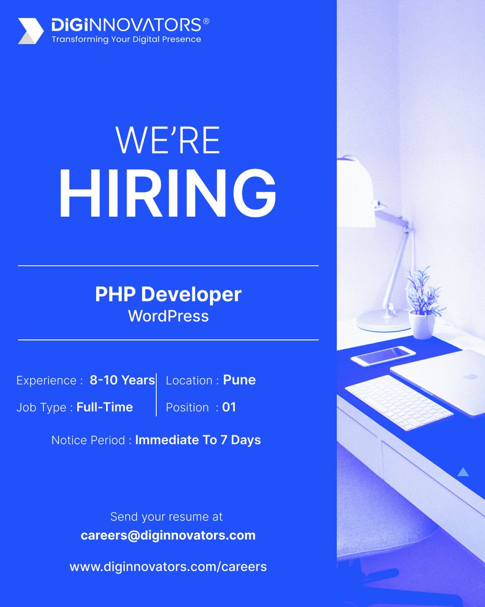 diginnovators's tweet photo. Weβre hiring! π¨βπ»
Diginnovators is looking for a PHP Developer with 8β10 years of experience and strong WordPress expertise.
π© careers@diginnovators.com
π https://t.co/fg73MryJCX
#hiring #phpdeveloper #wordpressdeveloper #webdevelopment #punejobs #careers #diginnovators https://t.co/Iu02ink1sE