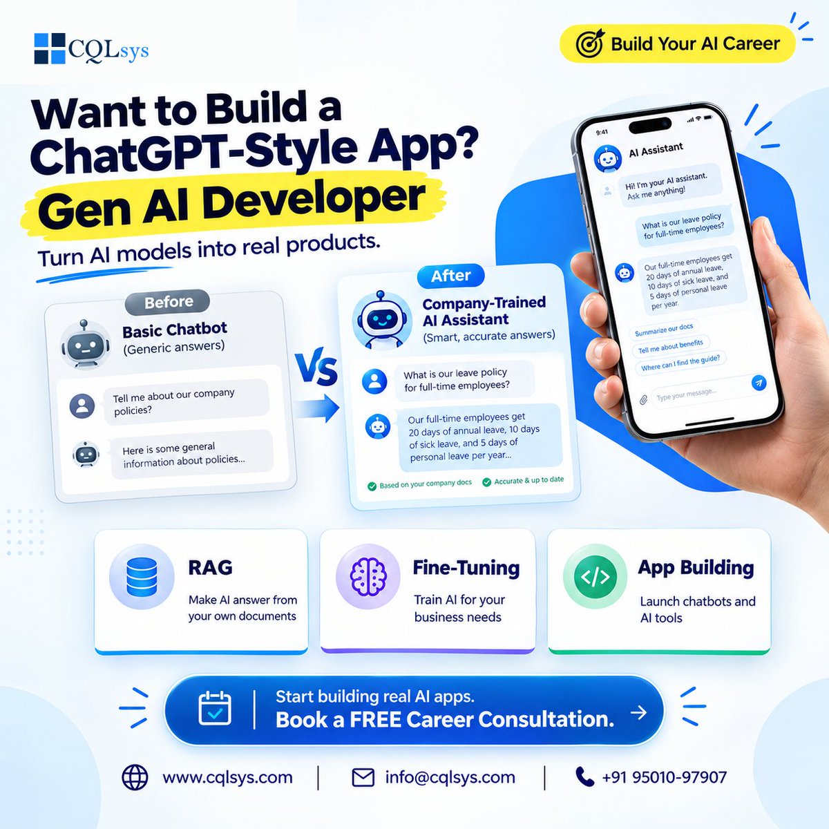 CqlsysTech's tweet photo. Want to build ChatGPT-style apps?

Learn to build real AI products with:

🔹 RAG
🔹 Fine-Tuning
🔹 AI App Development

Turn AI models into real-world solutions. 

Book a FREE Career Consultation: https://t.co/h36rnpiUQH

#GenAI #LLM #RAG #AIDeveloper #AITraining https://t.co/gsK3SSR1P4