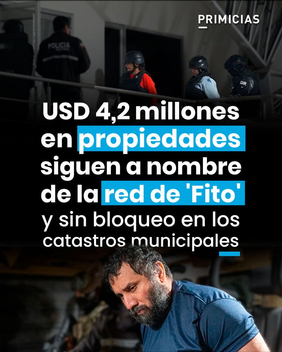 Primicias's tweet photo. Mientras la justicia penal condenó en primera instancia a seis allegados de Adolfo Macías Villamar, alias 'Fito', las fichas catastrales de Manta, Portoviejo, Montecristi y El Empalme registran 34 inmuebles por USD 4,2 millones a nombre de la red, sin ningún bloqueo comercial. https://t.co/PyjmK1eAuC