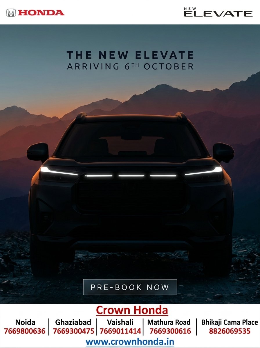 honda_crown's tweet photo. The wait is almost over! 🚘🔥

The NEW Honda Elevate arrives on 6th October. Get ready to elevate every journey!

📍 Pre-book now at Crown Honda.
Are you ready for the new Elevate? 👀

#HondaElevate #CrownHonda #HondaIndia #ComingSoon https://t.co/jz3EDZIooU