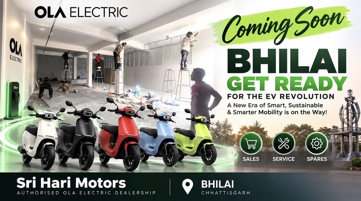 Kuldeep00969451's tweet photo. *Bhilai, Chhattisgarh Get Ready⚡️ Coming Soon*🛵🔥

A New Era of Smart, Sustainable & Smarter Mobility is on the Way!

Ola Electric ka sabse bada dhamaka ab *BHILAI, CHHATTISGARH* me!

*Sri Hari Motors* - Authorised Ola Electric Dealership bahut jald aapki seva me.

📍 Location: Bhilai, Chhattisgarh
🛵 Sales | 🔧 Service | ⚙️ Spares - Sab kuch ek hi jagah

Taiyaar ho jaiye EV Revolution ke liye! 🚀

#OlaElectric #ComingSoon #Bhilai #Chhattisgarh #SriHariMotors #OlaS1 #EVRevolution #ElectricScooter