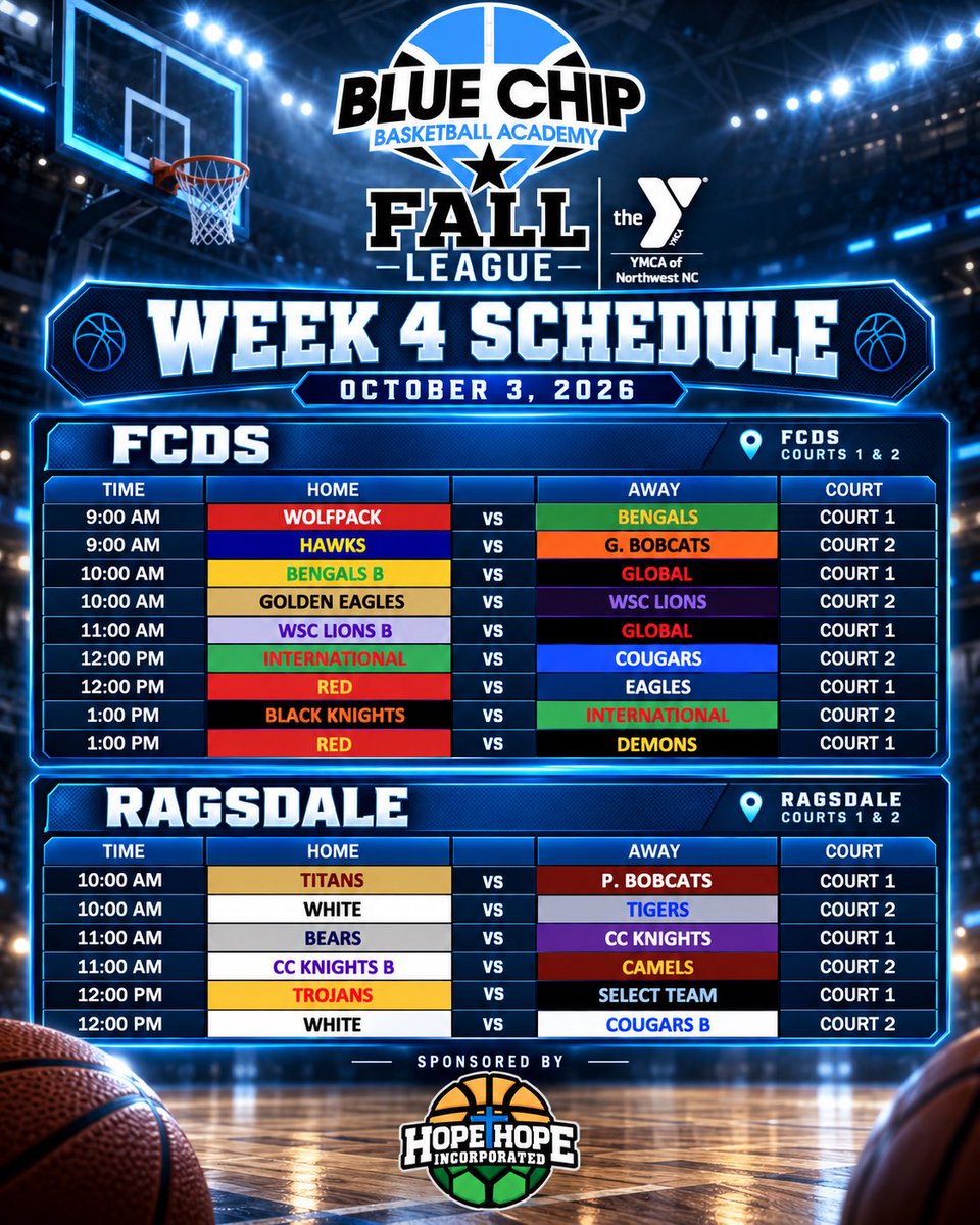 TriadBlueChip's tweet photo. Week 4 Schedule! 👇

@YMCAofNWNC @HAndHMinistries https://t.co/gTSd88Bcpd