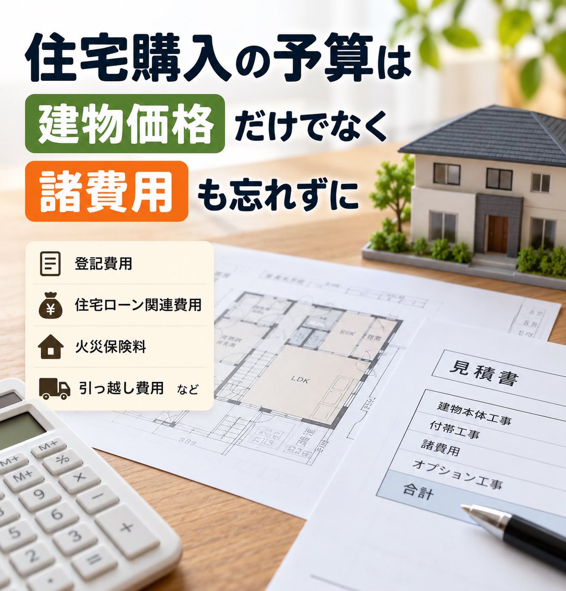 sumai_opinion's tweet photo. 住宅購入では「物件価格＝必要な予算」ではありません🏠

登記、住宅ローン関連、火災保険、引っ越しなど、購入時には本体価格以外の費用も発生します。

資金計画では、最初から諸費用まで含めて総額を確認する。これだけでも「想定外の出費」は減らせます。

#住宅購入 #資金計画 https://t.co/rGpHvhVwPF
