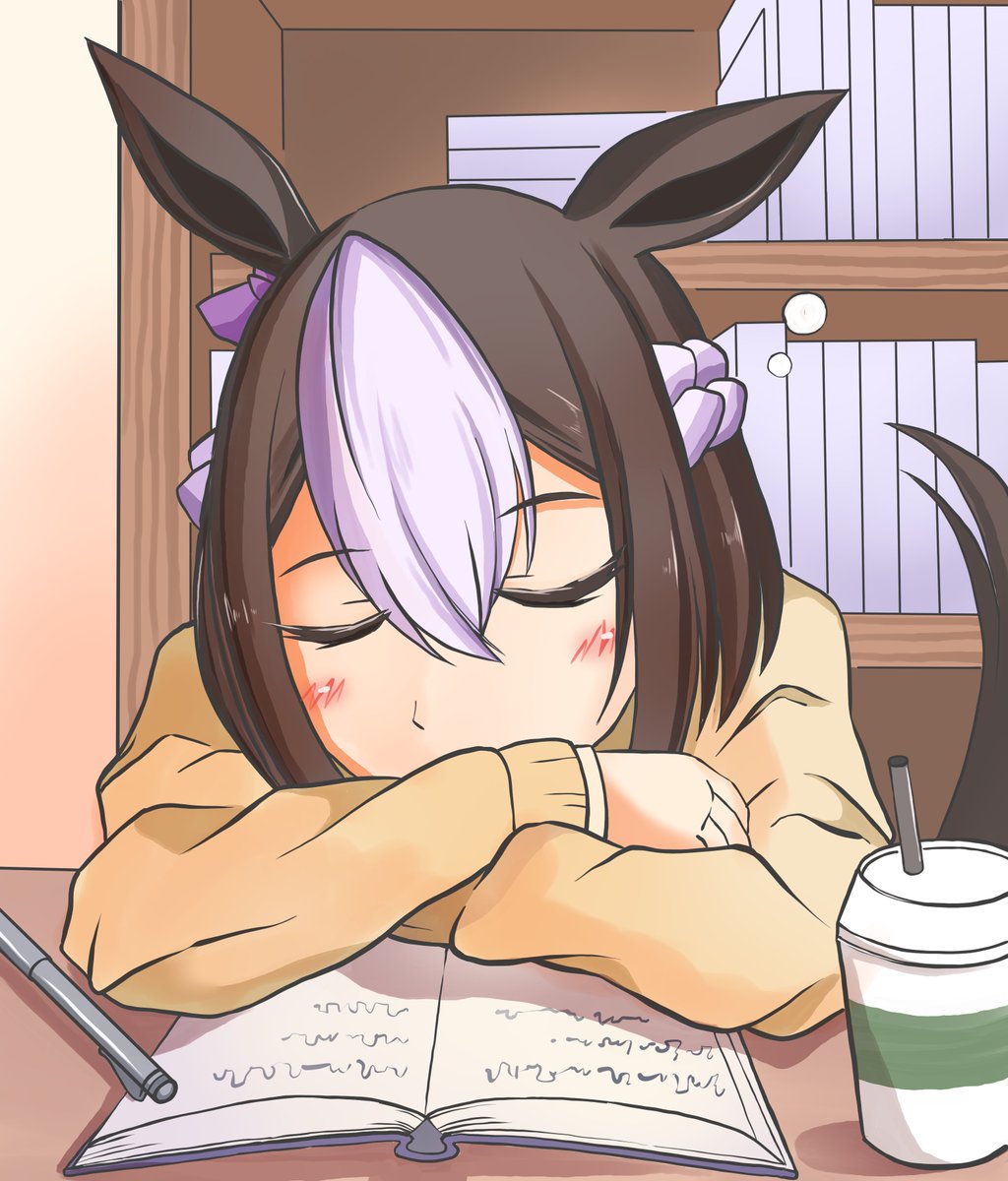 NSeq9's tweet photo. 「今日はいっぱい勉強しますよ〜！」
……すやぁ🐴💤
＃イラスト
＃スペシャルウィーク
＃絵描きさんと繋がりたい https://t.co/g8lb4DoRrv
