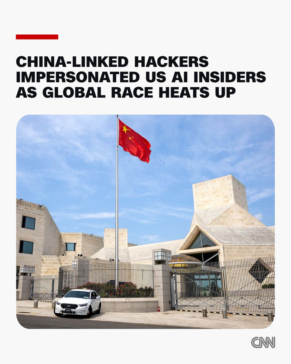 CNN's tweet photo. Suspected Chinese hackers impersonated an Anthropic employee and ex-US officials in an espionage campaign aimed at gaining insights into American AI developments, a US cybersecurity firm said. https://t.co/8M1PtukCFC https://t.co/MOT3gwtKlI