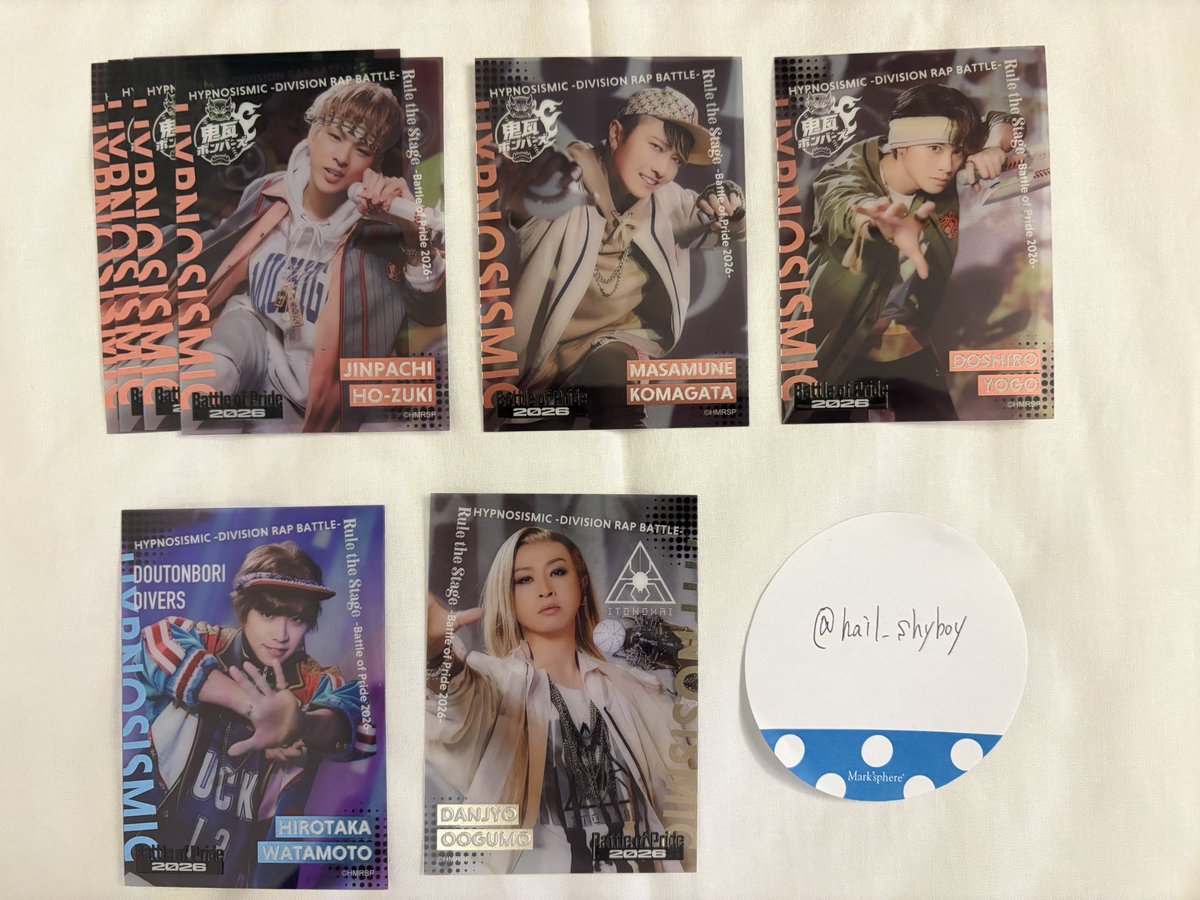 hail_shyboy's tweet photo. 【交換・譲渡】ヒプステ -Battle of Pride 2026- BoP ランダムクリアカード クリカB

譲：堂安、狐久里、蛇穴、鬼灯、駒形、道四郎、弾襄、ヒロリン、真日瑠、蘭丸、良経、徳磨、紫音

求：リョータ、定価500円

交換優先、10/2会場付近手渡し希望
検索からでもお気軽にお声がけください🎵 https://t.co/xd4CtooaYL