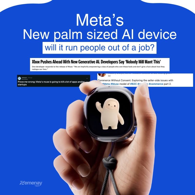 Zemenaytech's tweet photo. Meta just unveild a palm sized ai device for its AI agent.

If AI agents start acting on our behalf, who gets to decide what they're allowed to do?
This AI isn't just a standard AI agent and, to be honest, you can't really classify it alongside OpenAI and Anthropic.
#muse #meta https://t.co/wckLwkUzfP