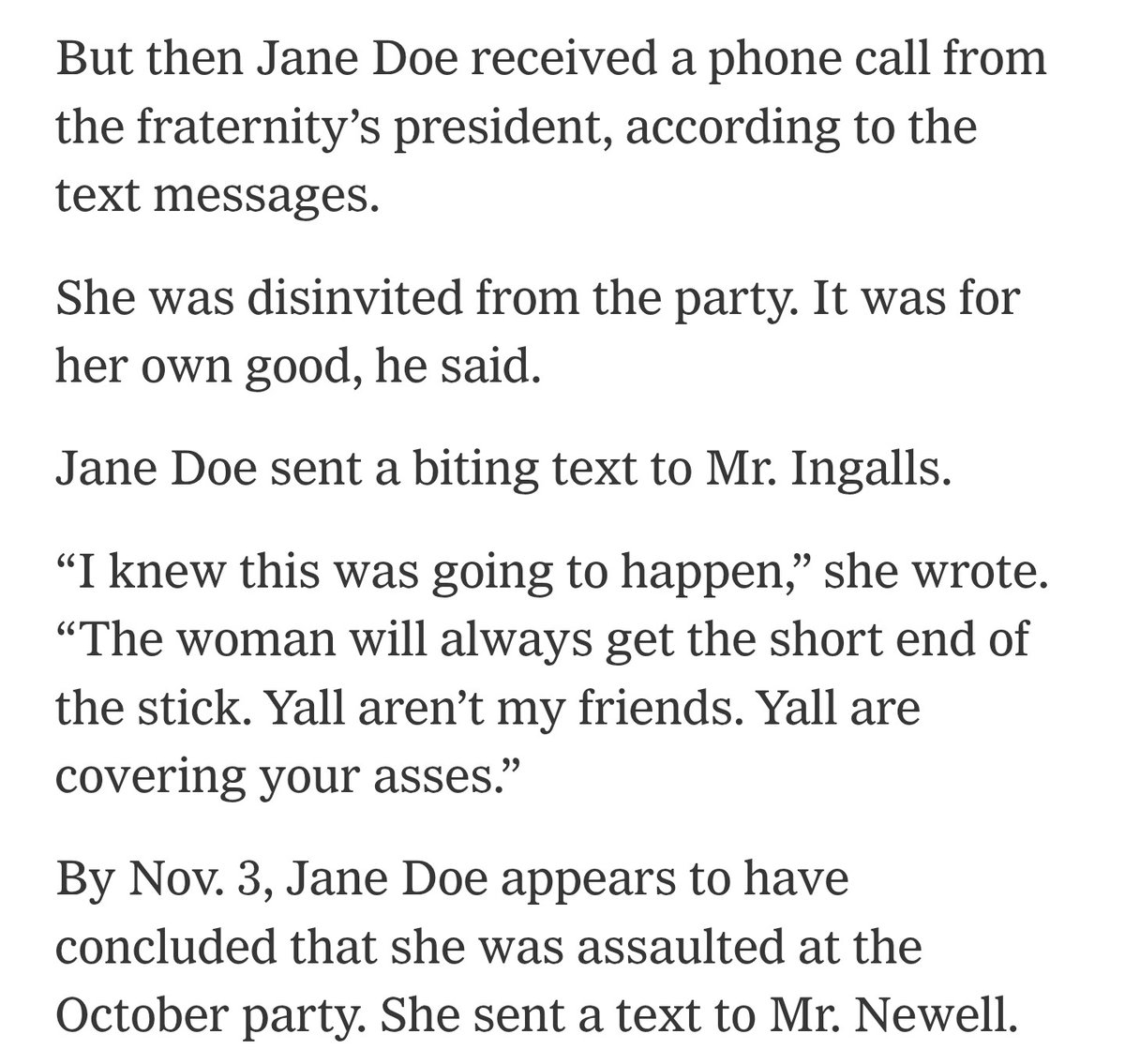 Blacknatwatch's tweet photo. According to the New York Times, Jane Doe decided that she was raped when she was uninvited to a Halloween party.

This is starting to look more and more like a "rape by regret" case. https://t.co/4uMFrsURfy