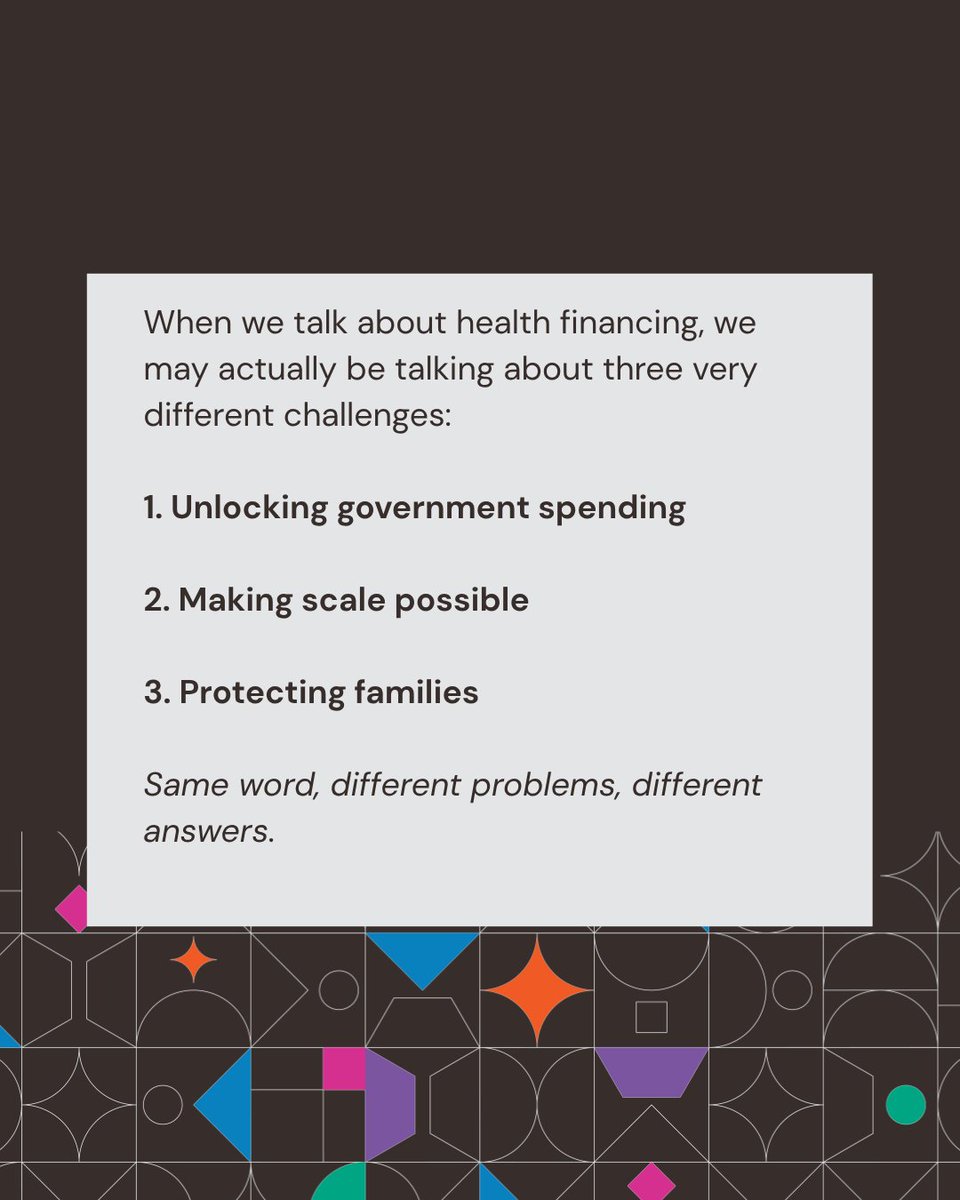 alignconnects's tweet photo. Did you know the term “health financing” is doing three jobs at once?

It could mean catalytic funds that pull in government spending, costed cases that make scale-up fundable, or protection that stops a family paying at the door.

That term stands for three different problems, with three different answers, yet we keep discussing them as one.

Swipe through to understand how these three jobs are different.

Download the full synthesis on health financing from IMNHC 2026 here: https://t.co/GvFj73dBtr