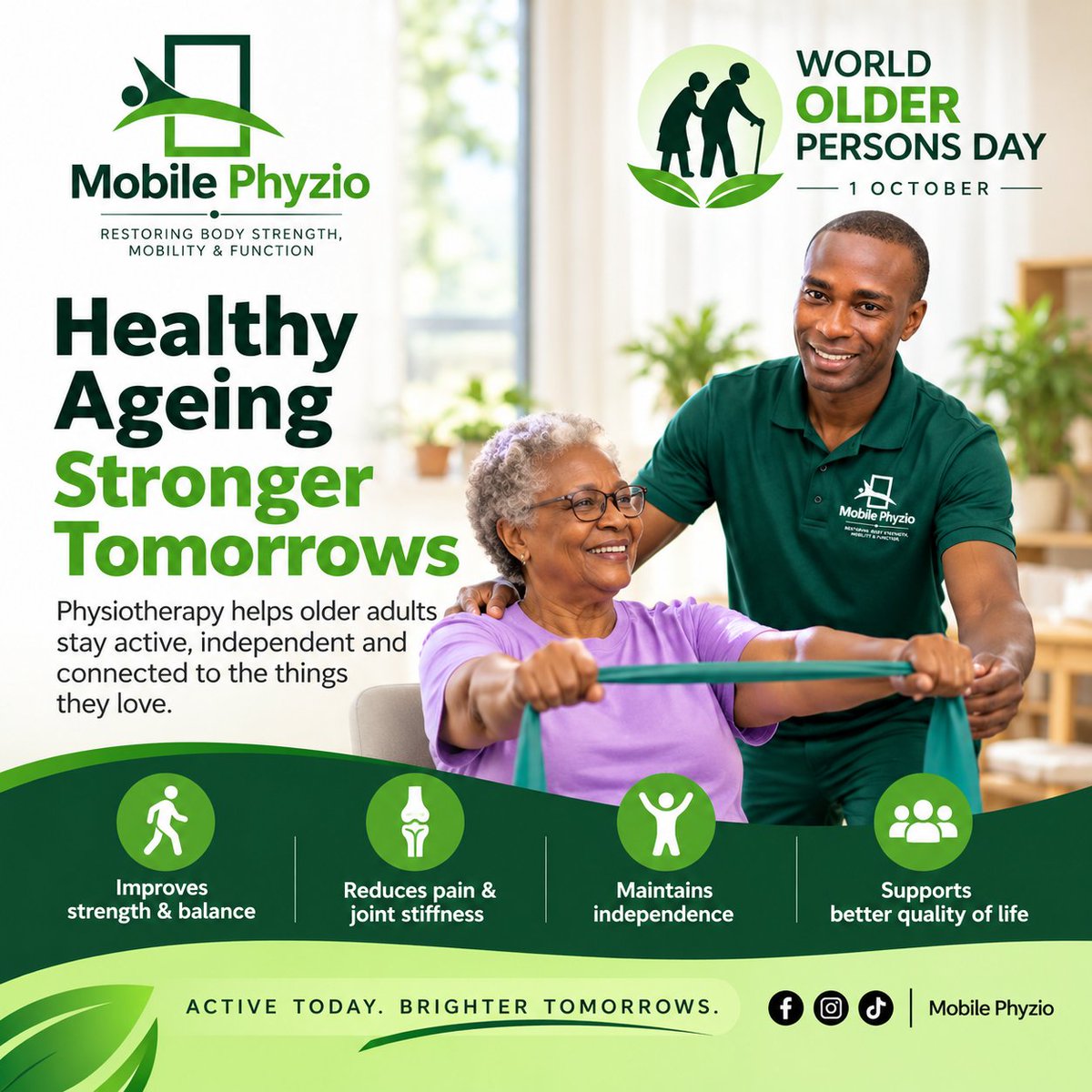 PhyzioUg's tweet photo. Healthy ageing. Active living. Greater independence.

Celebrating our older adults this World Older Persons Day. 
Mobile Phyzio U -  Restoring Strength, Mobility &amp; Function.

#WorldOlderPersonsDay #HealthyAgeing #MobilePhyzioU https://t.co/avAWyQeyr4