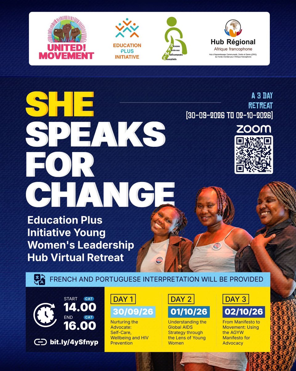 D_Moraa's tweet photo. In 45 minutes Day two of the #ShespeaksforChange virtual retreat is here with us and I am excited because today we unpack the Global AIDS strategy and it’s role in the advocacy for Adolescent Girls and Young Women

Register⬇️

https://t.co/vsNMWCoM0f https://t.co/lvsVHcvpr2