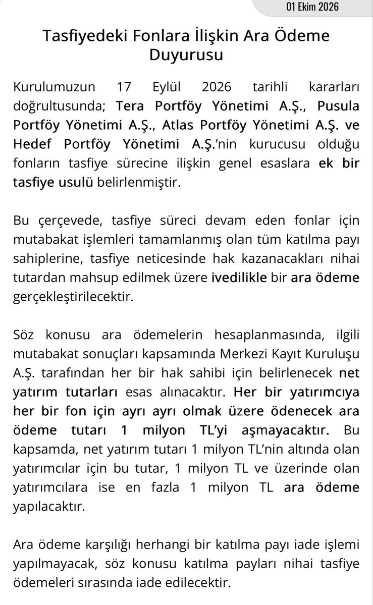 VardarTrader's tweet photo. Tasfiye sürecindeki #Tera, #Pusula, Atlas ve Hedef Portföy fonları için ara ödeme kararı alındı.
Mutabakatı tamamlanan yatırımcılara, her bir fon için ayrı ayrı 1 milyon TL’ye kadar ara ödeme yapılacak.
Ödemeler nihai tasfiye alacağından mahsup edilecek. Uygulama öncelikle #Ppf para piyasası fonlarından başlayacak.