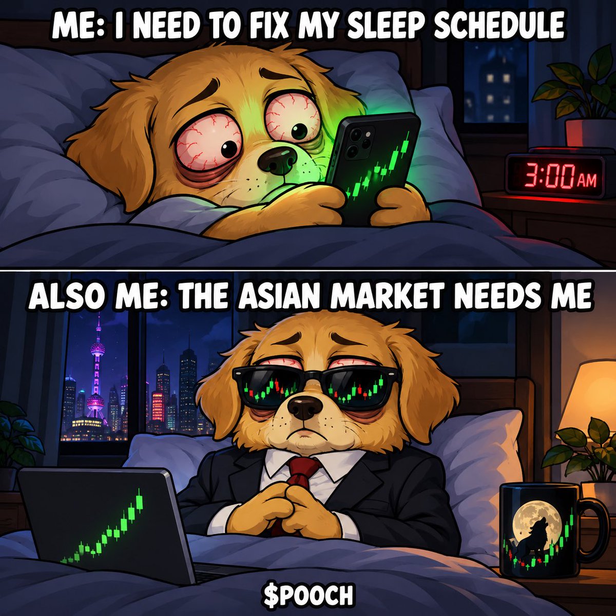 1Poochee's tweet photo. Pooch doesn’t have insomnia. He has “international business obligations.” 💀🐶

It’s 3 AM. His portfolio is $12. The Asian market needs him. https://t.co/S20pB2kUEq