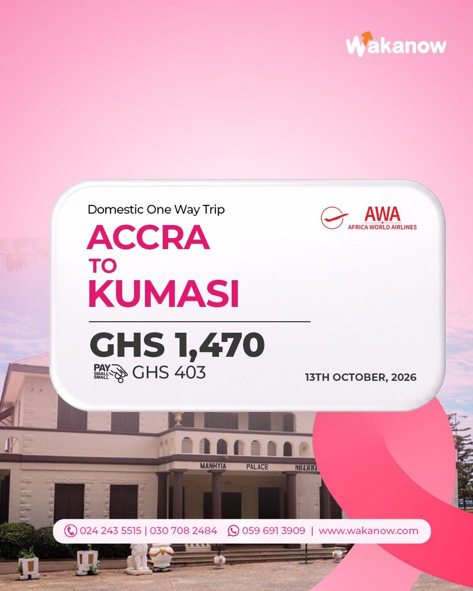 WakanowGhana's tweet photo. Explore Ghana on Africa World Airlines or PassionAir.
Flight deals available for booking on https://t.co/bD17NM7qX2
For Assistance/Enquiries:
Call: 024 243 5515 | 030 708 2484
WhatsApp: 059 691 3909
#WakanowGhana #PinkOctober #ExploreGhana #ThinkTravelThinkWakanow https://t.co/b0CQxjp30F
