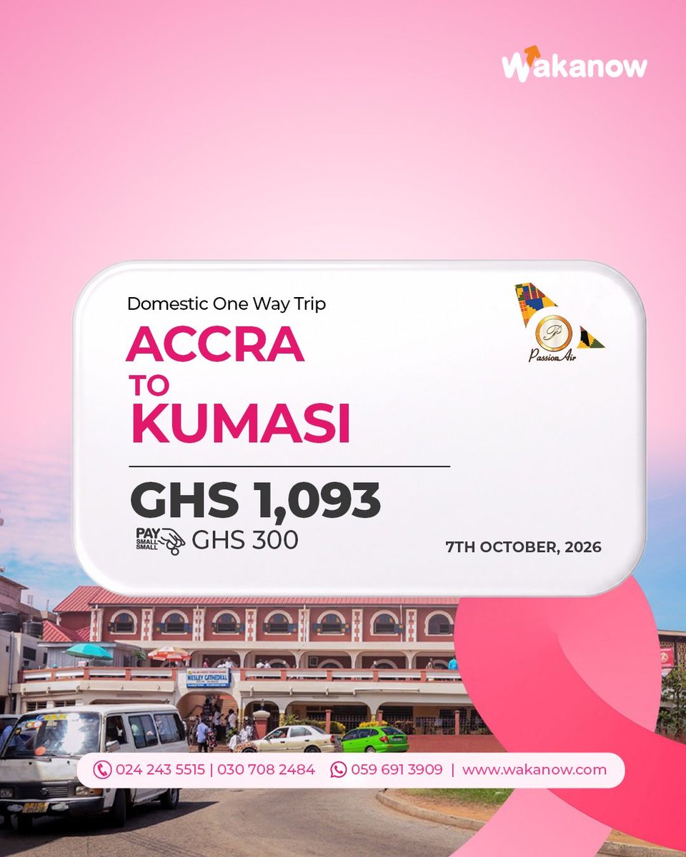 WakanowGhana's tweet photo. Explore Ghana on Africa World Airlines or PassionAir.
Flight deals available for booking on https://t.co/bD17NM7qX2
For Assistance/Enquiries:
Call: 024 243 5515 | 030 708 2484
WhatsApp: 059 691 3909
#WakanowGhana #PinkOctober #ExploreGhana #ThinkTravelThinkWakanow https://t.co/b0CQxjp30F