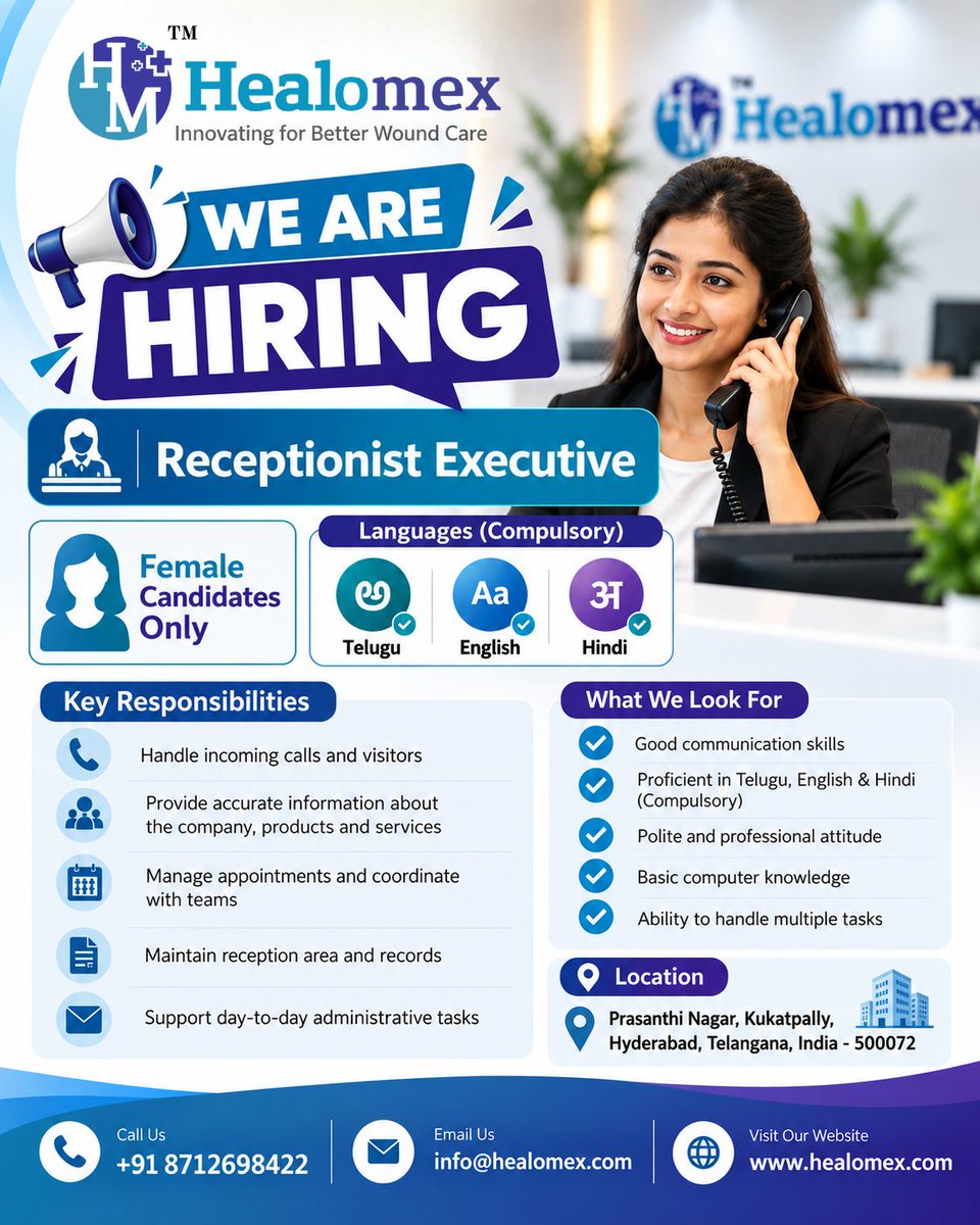healomex's tweet photo. We’re Hiring | Receptionist Executive – Healomex

#WeAreHiring #Healomex #HealomexCareers #Hiring #ReceptionistJob #ReceptionistExecutive #JobOpening #HealthcareJobs #HyderabadJobs #TeluguJobs #EnglishJobs #HindiJobs #CareerOpportunity #JoinOurTeam #JobVacancy #HealthcareCareers https://t.co/8omVNebKI5