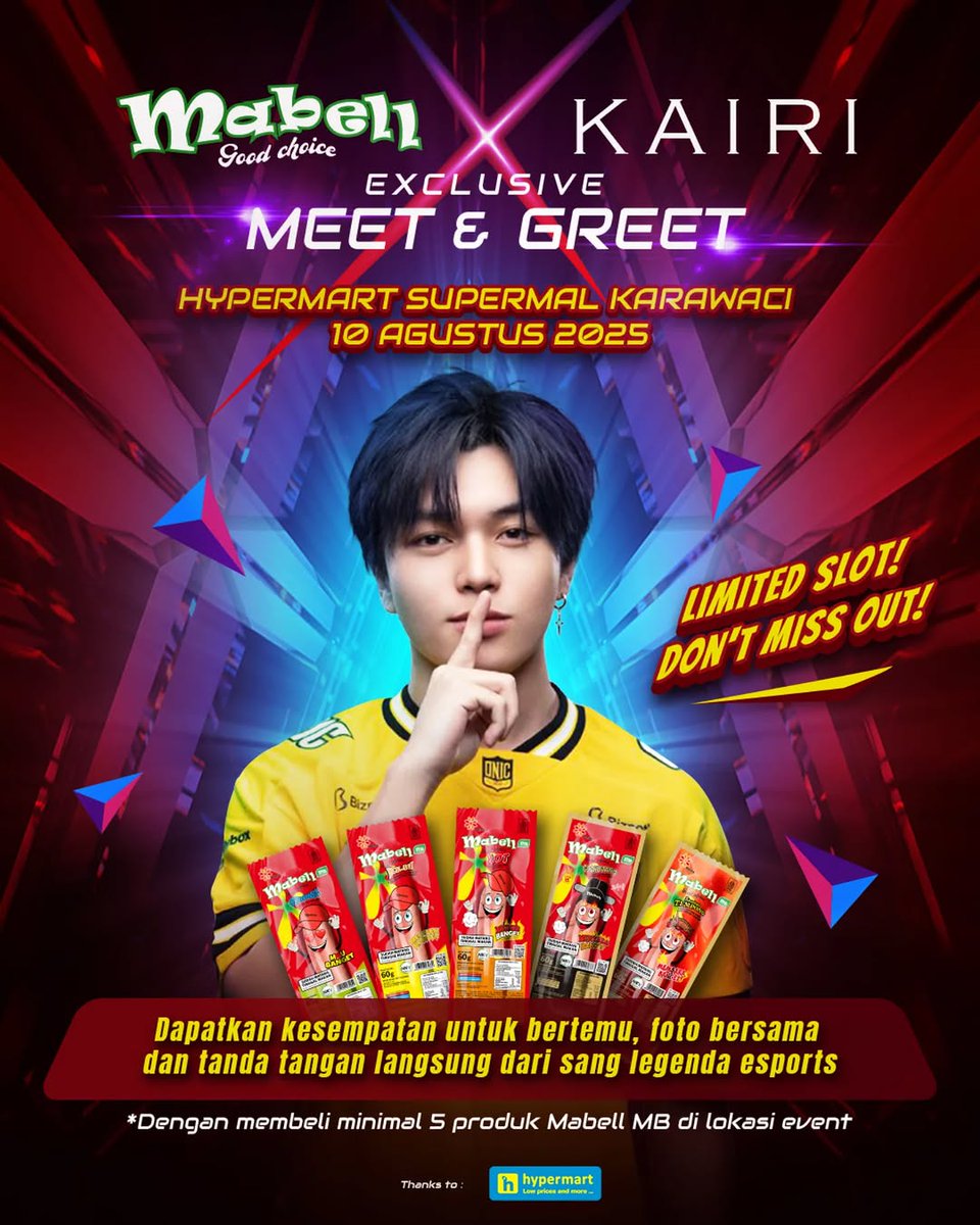 AriaM94456's tweet photo. 🎮 PERHATIAN MABELLUNITY &amp; SONIC! 🎮
Jangan sampai kelewatan kolaborasi spesial ini! Mabell bekerja sama dengan  dari ONIC ID untuk sebuah acara seru yang akan membuat akhir pekan kalian semakin epic.

🔥 MABELL x KAIRI – MEET &amp; GREET EXPERIENCE 🔥
📍 Hyp... https://t.co/eIavzegllh