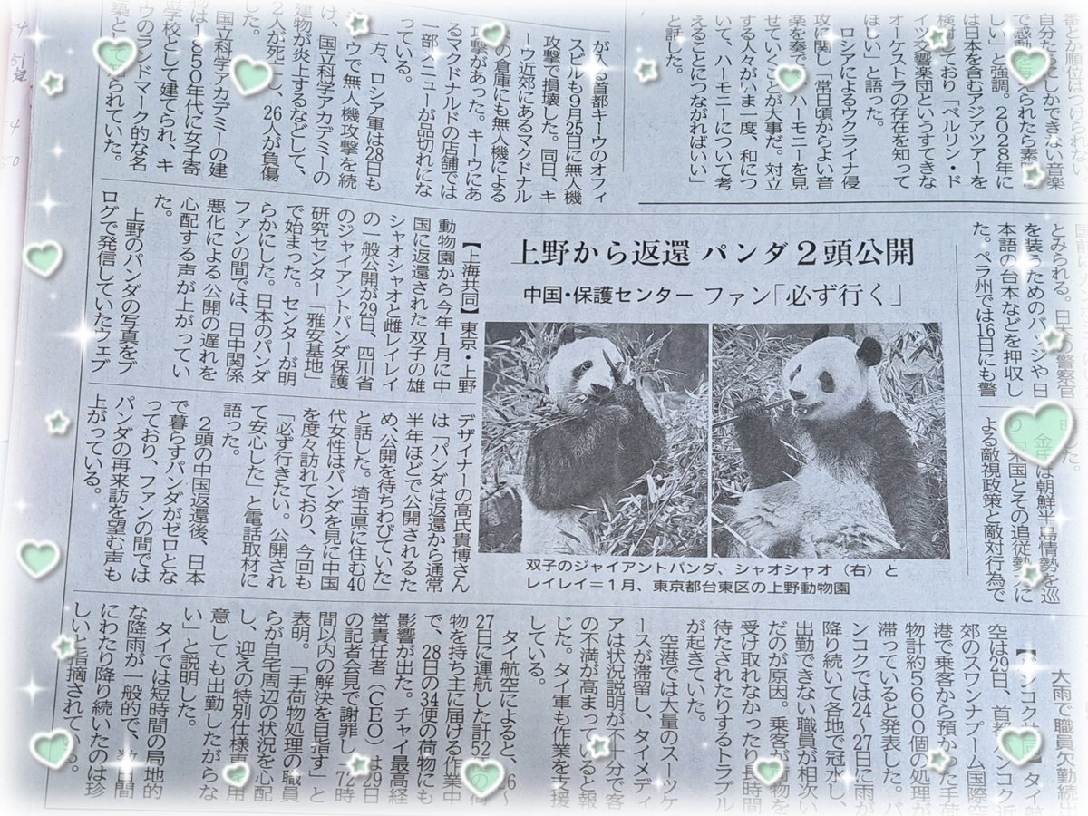miffffy0720star's tweet photo. 昨日の静岡新聞に、シャオ君とレイちゃんの一般公開のニュース載ってました📰✨️
シャンシャンのニュースもあったし、パンダ激推しさんが記事書いたのかな✏️🎶
＃静岡新聞 📰
＃ジャイアントパンダ🐼
＃シャオシャオ💚
＃レイレイ💛
＃シャオレイ
＃シャンシャン🍎
＃一般公開
＃中国 https://t.co/qGls8qqQVN
