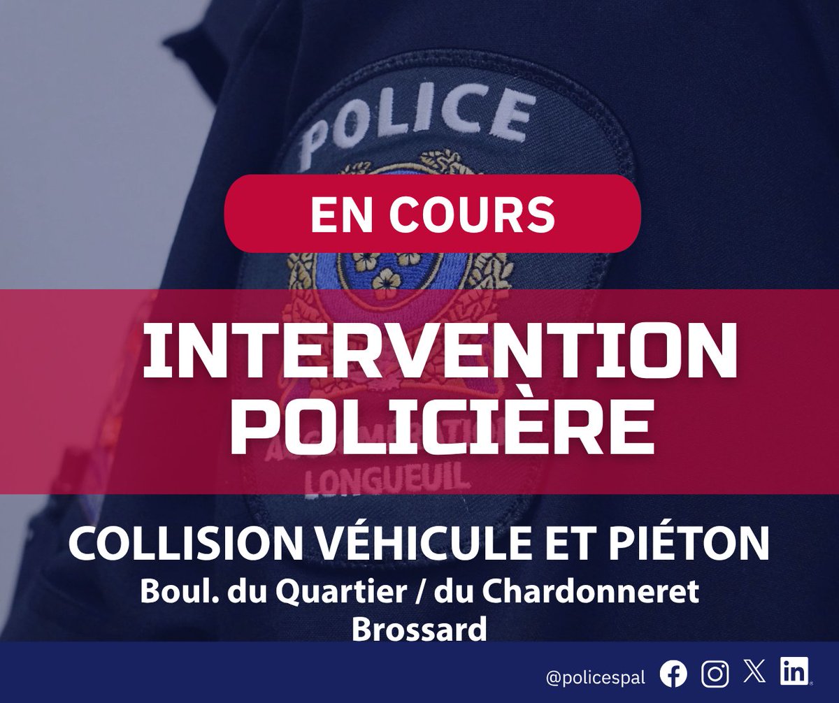 PoliceSPAL's tweet photo. Collision véhicule-piéton à Brossard. Le SPAL intervient actuellement à l'intersection du boulevard du Quartier et de la rue du Chardonneret. La victime, un homme, a été transportée au centre hospitalier. Entraves à la circulation. L'enquête se poursuit. https://t.co/1trTYGLm8o