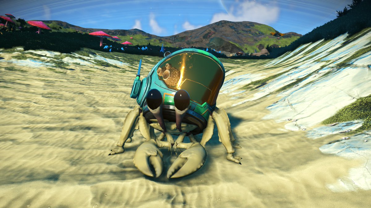 Tama_NMS's tweet photo. Not sure how rare this little guy is, but it’s the first time I’ve encountered one in my 880 hours of exploration. 🦀🪖

An hermit crab using a traveler's helmet as a shell. Absolutely mind-blowing procedural physics! 🤯✨

#NoMansSky  #ノーマンズスカイ https://t.co/Q8r88ChYjL