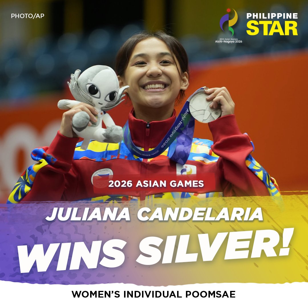 PhilippineStar's tweet photo. CANDELARIA WINS SILVER 🥈🇵🇭

Juliana Mykhail Candelaria secures the silver medal in the women’s individual poomsae at the 2026 Asian Games in Aichi-Nagoya, Japan, after posting a score of 9.1300. https://t.co/LaHgvZZKb4